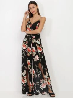 Combinaison Fluide Fendue à Motif Floral