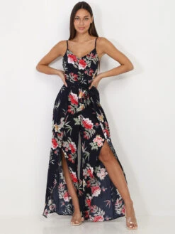 Combinaison Fluide Bleu Marine Fendue à Motif Floral Bleu Marine