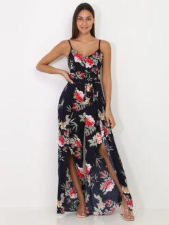 Combinaison Fluide Bleu Marine Fendue à Motif Floral Bleu Marine -Look De Femme Soldes Boutique T14 1863 2 NVY 3