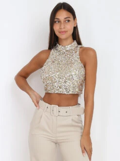 Crop Top En Sequins à Dos Carré
