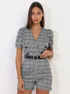 Combishort Noir Et Blanc Pied De Poule Gris