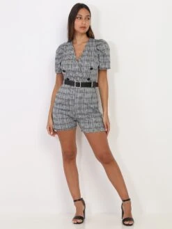 Combishort Noir Et Blanc Pied De Poule Gris -Look De Femme Soldes Boutique T18 0803 GRY 3