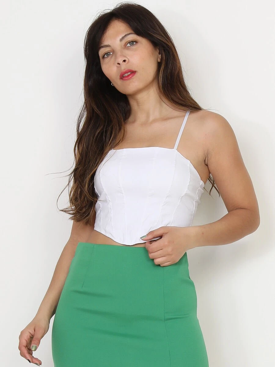 Crop-top Blanc Style Corset à Surpiqûres Blanc 1 Crop-top Blanc Style Corset à Surpiqûres Blanc