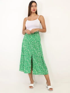Jupe Fendue à Motif Petites Fleurs -Look De Femme Soldes Boutique V01 P8385 L GRN 3