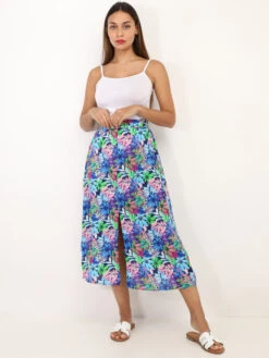 Jupe Fendue à Motif Feuilles Colorées -Look De Femme Soldes Boutique V16 P8385 Q BLU 3