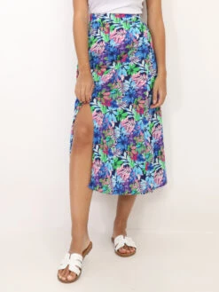 Jupe Fendue à Motif Feuilles Colorées -Look De Femme Soldes Boutique V16 P8385 Q BLU 4