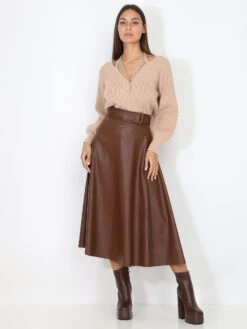 Jupe Patineuse Ceinturée En Simili -Look De Femme Soldes Boutique V20 3516 BRW 3