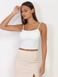 Crop Top Style Corset Blanc Côtelé Blanc