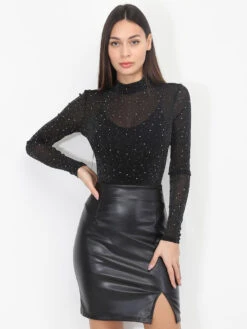 Jupe Droite Fendue En Simili 6 Jupe Droite Fendue En Simili -Look De Femme Soldes Boutique W08 DQ039 BLK 3