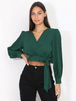 Crop Top Cache-coeur à Manches Plissées