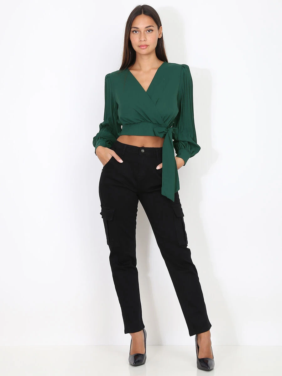 Crop Top Cache-coeur à Manches Plissées 3 Crop Top Cache-coeur à Manches Plissées – Image 3