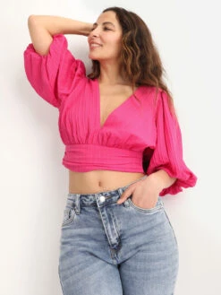 Crop Top Plissé à Manches Ballons.