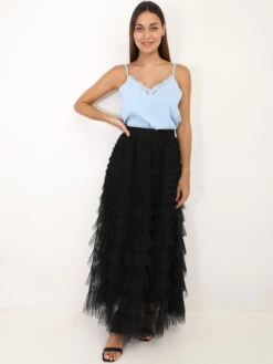 Jupe Longue En Tulle à Volants -Look De Femme Soldes Boutique W22 22008 BLK 3