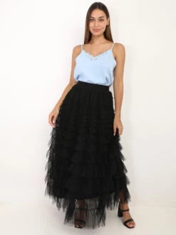 Jupe Longue En Tulle à Volants -Look De Femme Soldes Boutique W22 22008 BLK 4