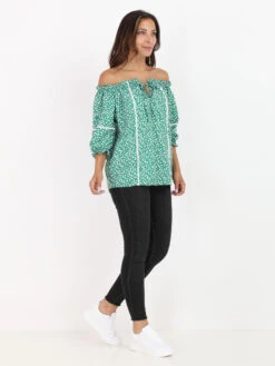 Top à Fleurs Et Col Bardot -Look De Femme Soldes Boutique W22 5604 GRN 3