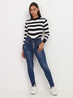 Jeans Skinny Taille Haute à Boutons -Look De Femme Soldes Boutique W22 YG4501 BLU 3