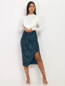 Jupe Mi-longue à Sequins Et Fente -Look De Femme Soldes Boutique X11 4511B BLU 3