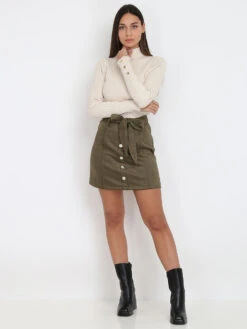 Jupe En Suédine à Boutons Et Noeud -Look De Femme Soldes Boutique X22 L16895 KHK 3