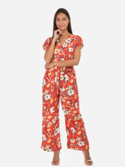 Combinaison Fluide Motif Fleuri Manches Courtes