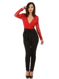 Combinaison à Dentelle Et Col V 5 Combinaison à Dentelle Et Col V -Look De Femme Soldes Boutique X29 3841 REDBLK 3