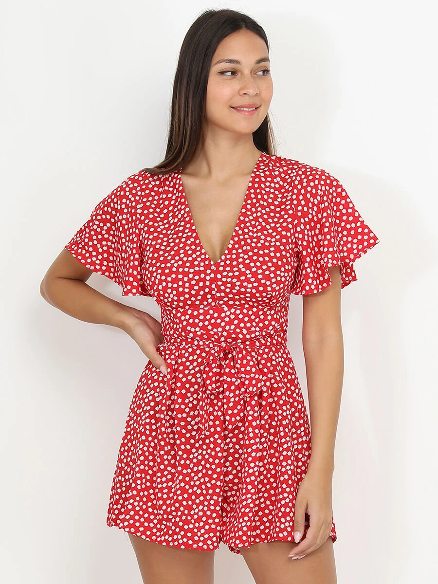 Combi-short Fluide Rouge à Imprimé Floral Rouge 1 Combi-short Fluide Rouge à Imprimé Floral Rouge
