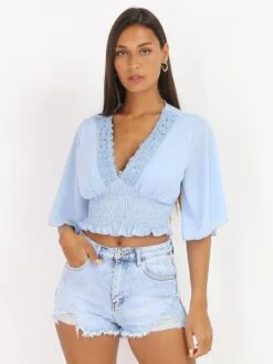 Crop Top Froncé Avec Dentelle
