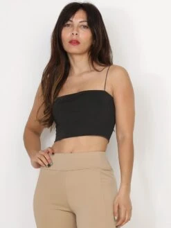 Crop Top Bandeau Noir à Fines Bretelles Noir