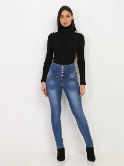 Jeans Skinny Délavé Taille Haute à Boutons -Look De Femme Soldes Boutique Y11 Y4443 BLU 3