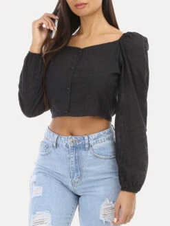 Crop Top à Broderie Anglaise Et Manches Bouffantes