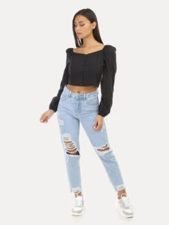 Crop Top à Broderie Anglaise Et Manches Bouffantes 5 Crop Top à Broderie Anglaise Et Manches Bouffantes -Look De Femme Soldes Boutique Y24 0812 BLK 3