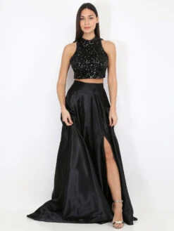 Jupe Longue Taille Haute Effet Satiné -Look De Femme Soldes Boutique Y32 12385 BLK 3