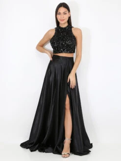 Jupe Longue Taille Haute Effet Satiné -Look De Femme Soldes Boutique Y32 12385 BLK 4