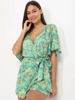 Combinaison Jupe Short Verte à Fleurs Vert