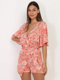Combinaison Jupe Short Rose à Fleurs Orange